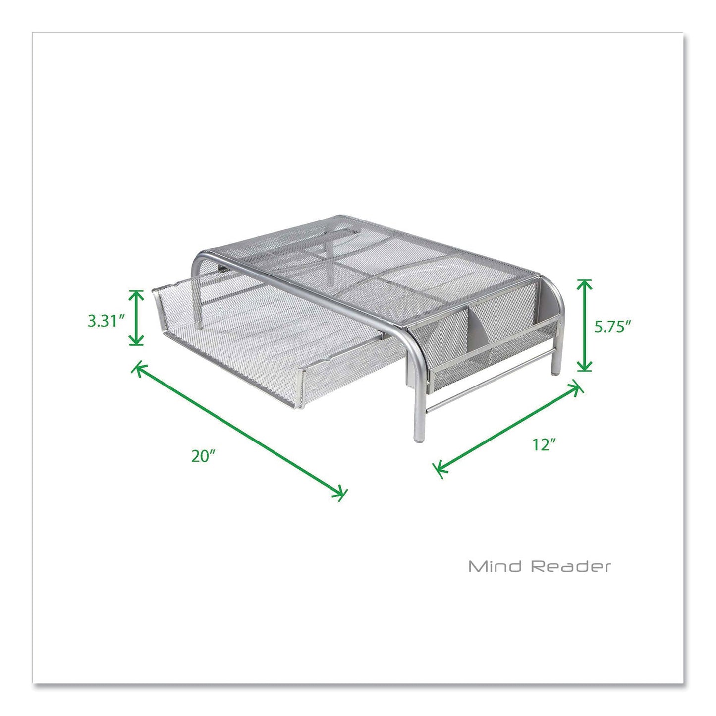 Mind Reader Raise Metal Mesh Monitor Stand with Drawer, 20" x 12" x 5.75", Silver, Supports 25 lbs (EMSMMSIL)