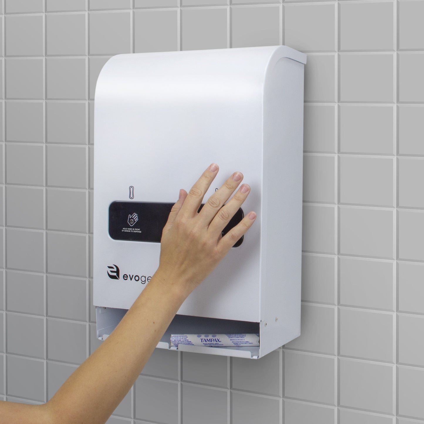 Hospeco® Evogen® Mini No-Touch Dual Menstrual Care Product Dispenser, White Metal (HOSEVNT4)