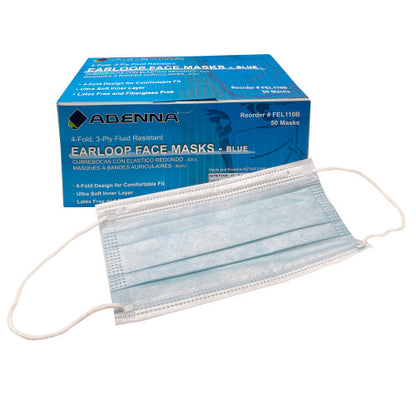 Adenna® Earloop 3-Ply Face Mask, 4-Fold, Blue, 50/Box, 10 bxs/Case (HOSFEL110B)