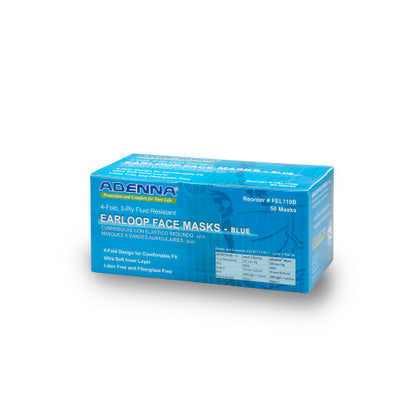 Adenna® Earloop 3-Ply Face Mask, 4-Fold, Blue, 50/Box, 10 bxs/Case (HOSFEL110B)