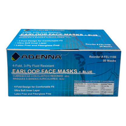 Adenna® Earloop 3-Ply Face Mask, 4-Fold, Blue, 50/Box, 10 bxs/Case (HOSFEL110B)