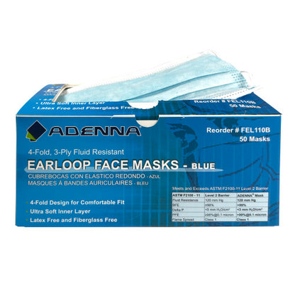 Adenna® Earloop 3-Ply Face Mask, 4-Fold, Blue, 50/Box, 10 bxs/Case (HOSFEL110B)