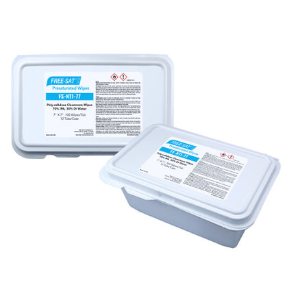 High-Tech Conversions FREE-SAT® Non-Sterile Pre-Saturated Poly-Cellulose Cleanroom Wipes, 70% IPA, 7"x7", 100/tub, 12 tubs/Case (HOSFS-NT1-77)