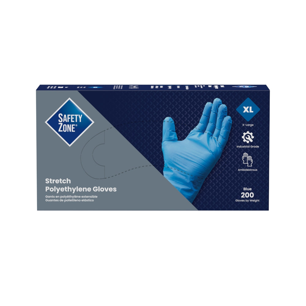Safety Zone® Stretch Polyethylene Gloves, 2 mil, Powder-Free, 10", Blue, XL, Case of 2000 (SZNGL-SP200BX)