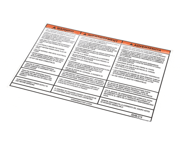 Crathco Grindmaster Cecilware A546-214 Label, Warning, Startup Instr (GMA546-214)