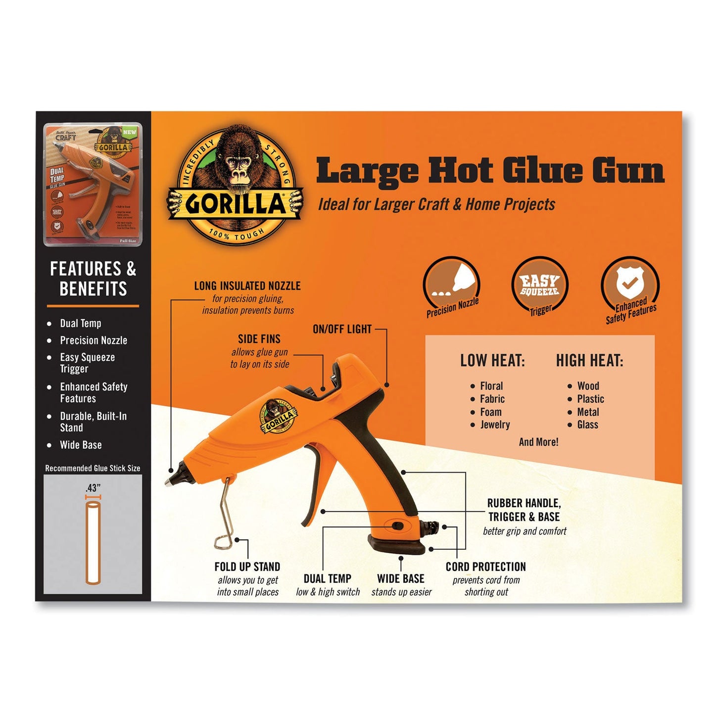 Gorilla Dual Temp Hot Glue Gun, Orange/Black (GOR100424)