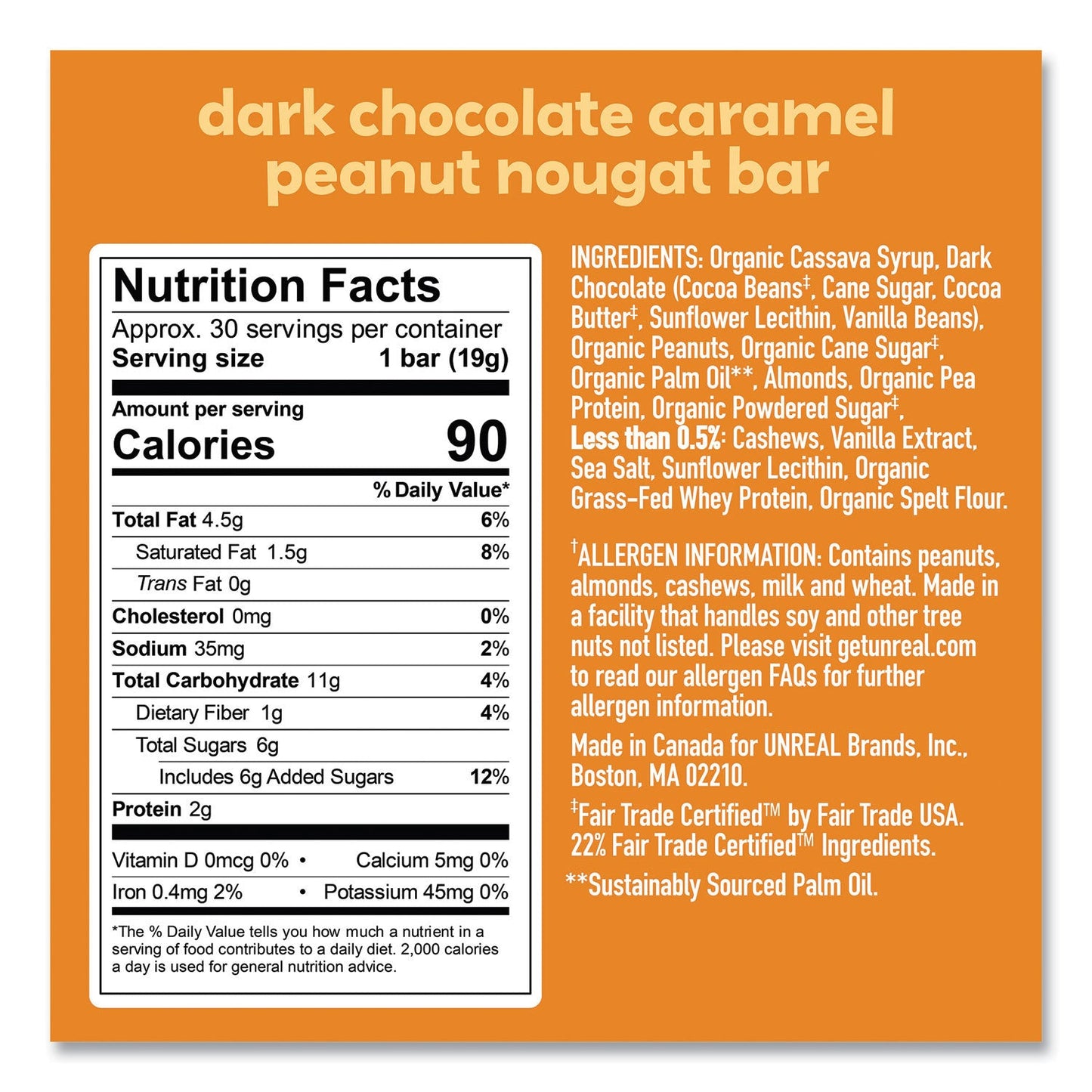 Unreal Dark Chocolate Caramel Peanut Nougat Bars, 0.67 oz Individually Wrapped, 40/Pack (GRR22002090)