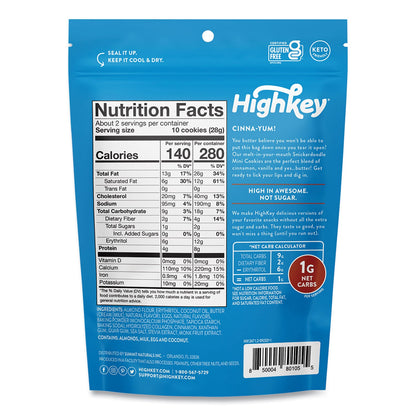 HighKey Snickerdoodle Cookies, Snickerdoodle, 2 oz Bag, 6/Carton (GRR60000271)