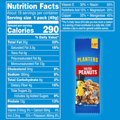 Planters Salted Peanuts, 1.75 oz Pack, 18 Packets/Box, 2 Boxes/Carton (GRR60004060)
