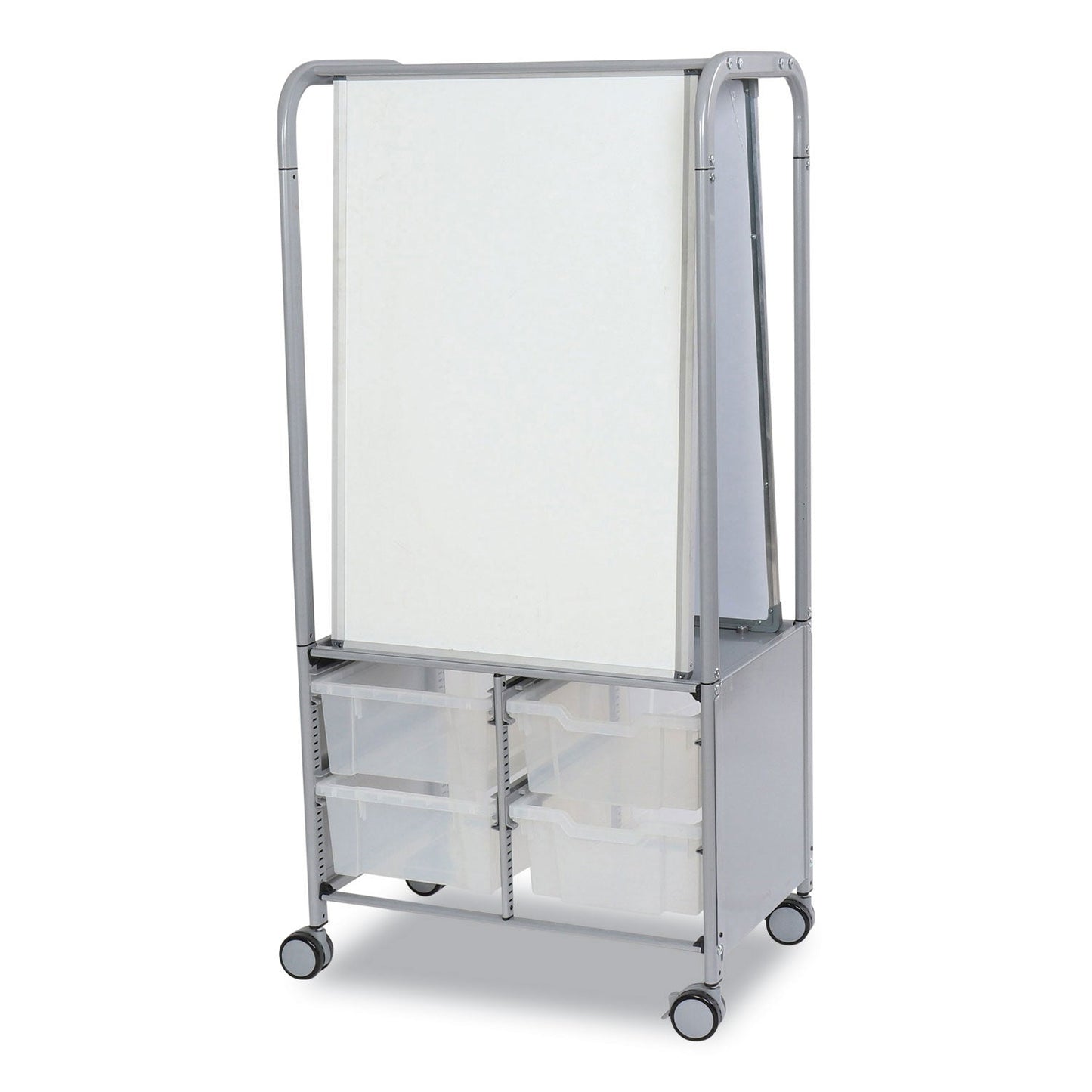 Gratnells Callero MakerHub Trolley Set 01, Metal, (2) Magnetic Whiteboards, (4) F2 Deep Bins, 27.4" x 17.3" x 56.3", Silver/Trans Frost (GTSMST054420)