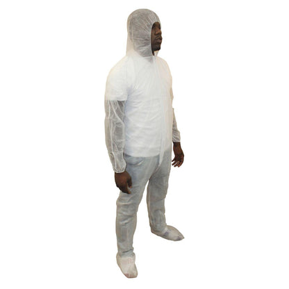 Safety Zone® PolyLite® Coveralls w/ Zip Front, Attached Hood & Boots, Elastic Wrists, White, 25/Case, 5XL (SZNM1500-5X)