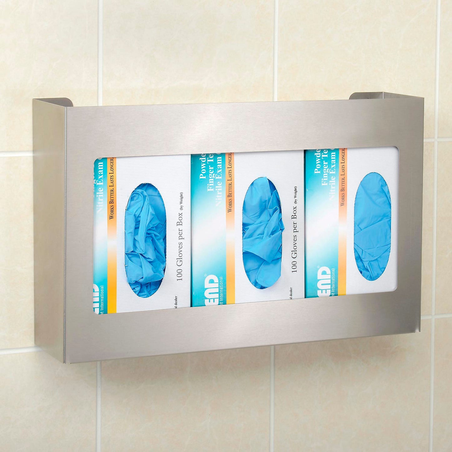 Global Industrial Triple Stainless Steel Glove Box Holder, 16"W x 3-3/4"D x 10"H (WBB2222415)