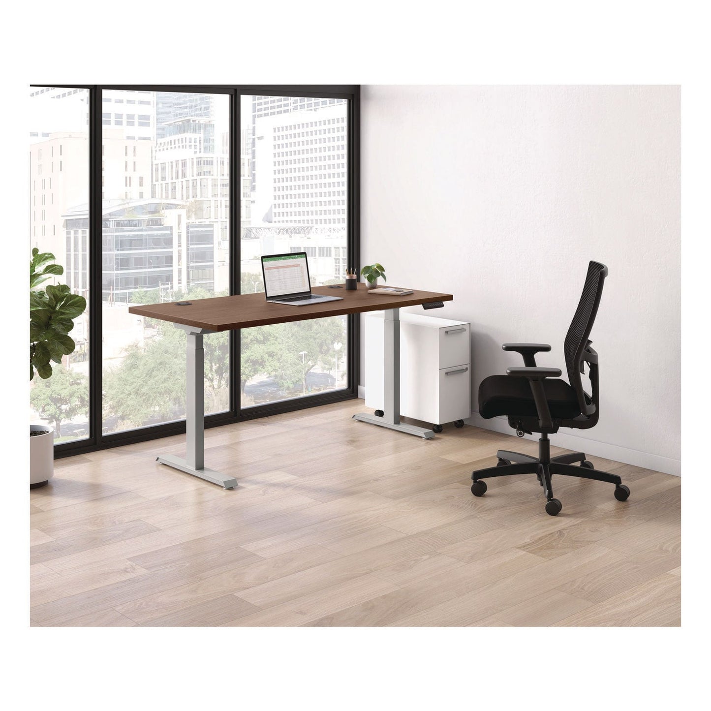 HON Mod Height Adjustable Desk Bundle, 60" x 30" x 27.5" to 47.75", Sepia Walnut/Silver (HONMOD053)