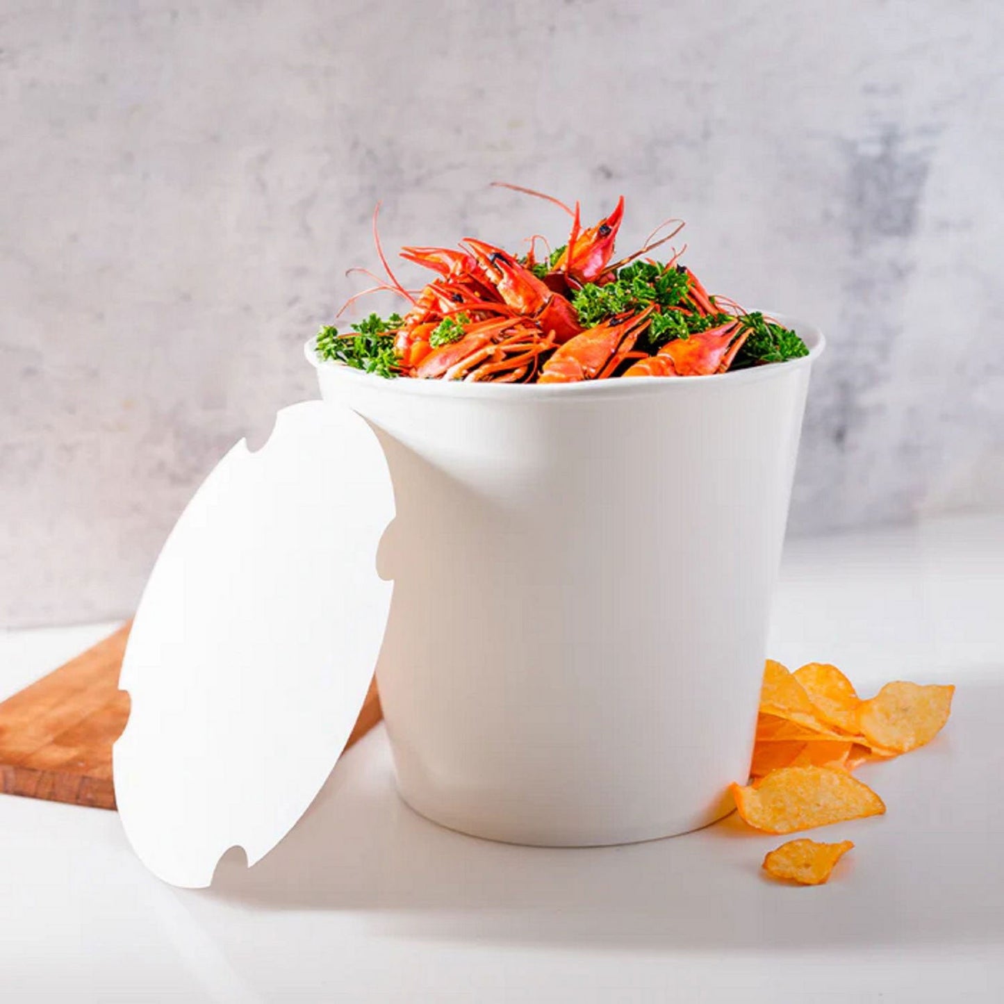 Karat Food Bucket with Lid, 170 oz, 8.9" Dia x 8.36"h, White, Paper, 150/Carton (KRTCFB170WBNDL)