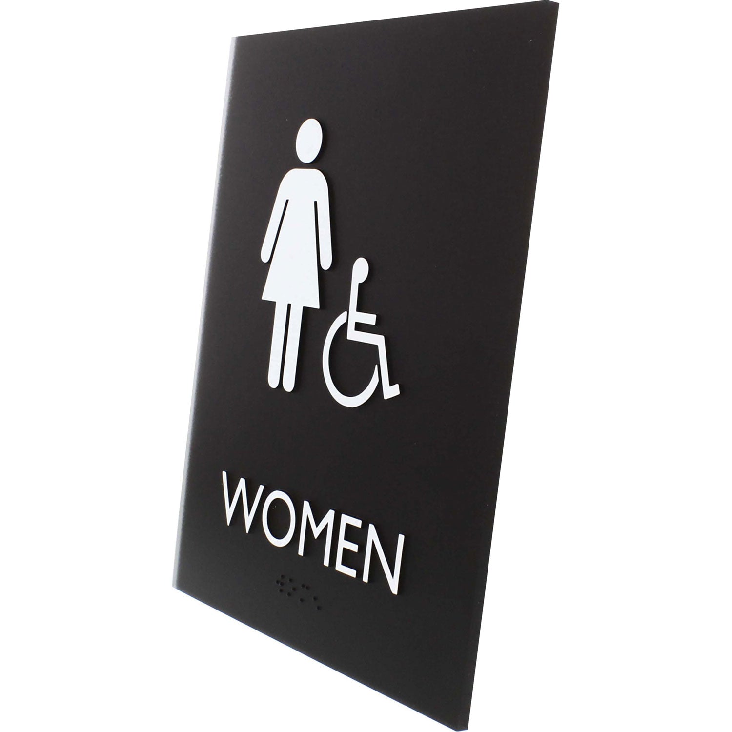 lorell-restroom-sign-1-each-women-print-message-6-4-x-8-5-height-rectangular-shape-easy-readability-braille-plastic-black-llr02666_2