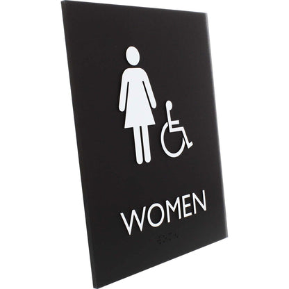 lorell-restroom-sign-1-each-women-print-message-6-4-x-8-5-height-rectangular-shape-easy-readability-braille-plastic-black-llr02666_3
