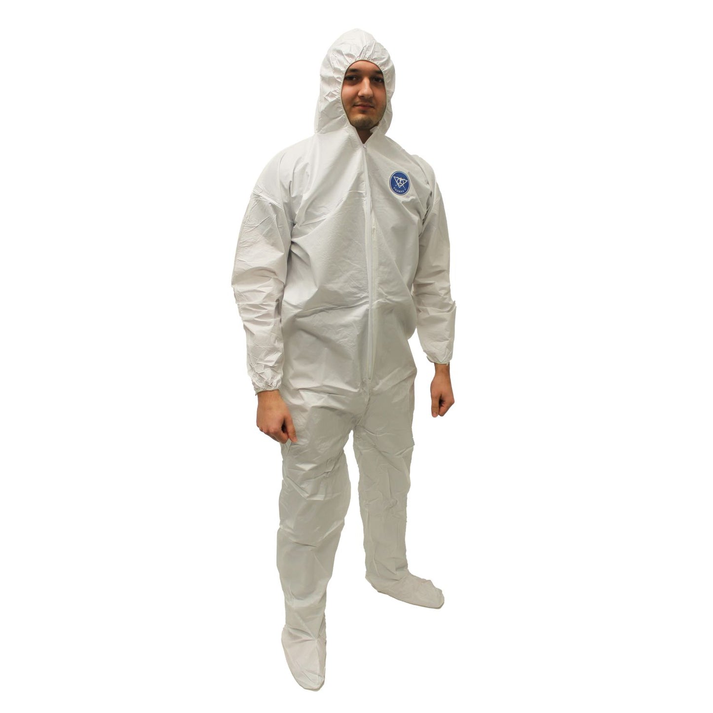 Safety Zone® Promax® Coveralls w/ Zip Front, Attached Hood & Boots, Elastic Wrists, White/Gray, 25/Case, 2XL (SZNM1014-2X)