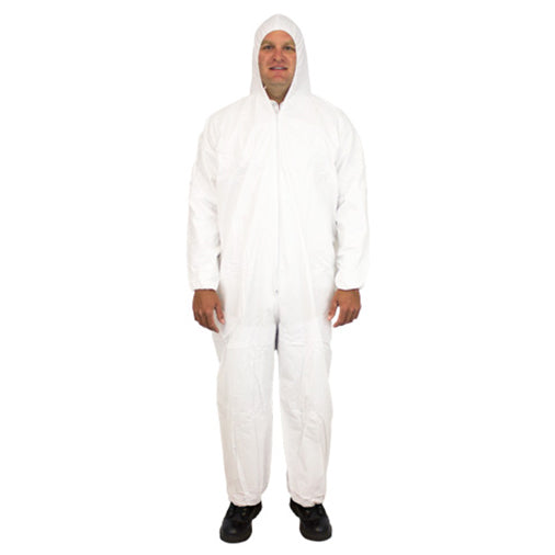 Safety Zone® ProMax® Coveralls w/ Zip Front, Attached Hood, Elastic Wrists & Ankles, White, 25/Case – Large (SZNM1028-L)