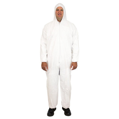 Safety Zone® ProMax® Coveralls w/ Zip Front, Attached Hood, Elastic Wrists & Ankles, White, 25/Case – Large (SZNM1028-L)
