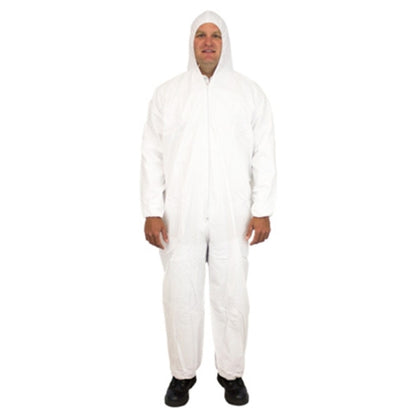 Safety Zone® ProMax® Coveralls w/ Zip Front, Attached Hood, Elastic Wrists & Ankles, White, 25/Case – Medium (SZNM1028-M)
