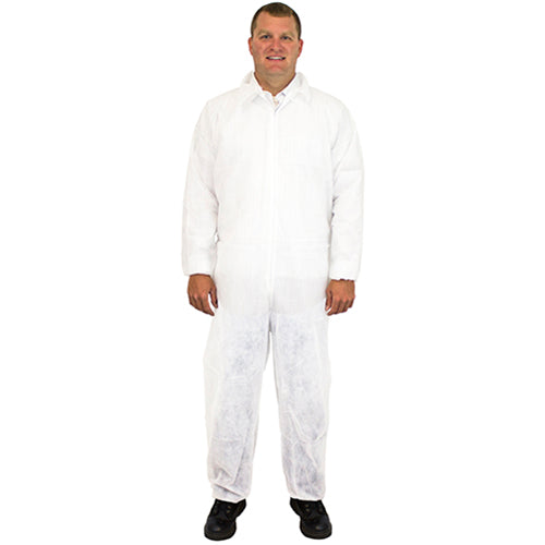 Safety Zone® PolyLite® Coveralls w/ Zip Front, Elastic Wrists & Ankles, White, 40g, 25/Case – Large (SZNM1220-L)