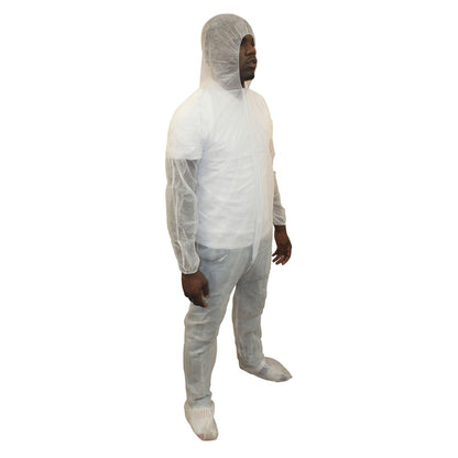 Safety Zone® PolyLite® Coveralls w/ Zip Front, Attached Hood & Boots, Elastic Wrists, White, 25/Case, X-Large (SZNM1500-XL)