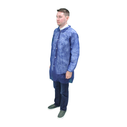 Safety Zone® PolyLite® Lab Coat w/ No Pockets, Snap Front & Elastic Wrists, Navy Blue, 26 GSM, 30/Case, 3XL (SZNM1710B-EW-3X)