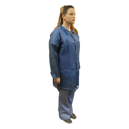 Safety Zone® PolyLite® Lab Coat w/ No Pockets, Snap Front & Open Wrists, Navy Blue, 30/Case, X-Large (SZNM1710B-XL)