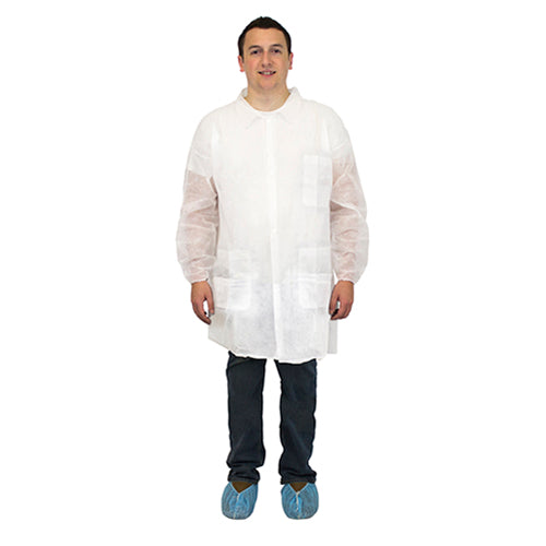 Safety Zone® PolyLite® Lab Coat w/ Pockets, Snap Front & Elastic Wrists, White, 30/Case, 5XL (SZNM1734-5X-EW)