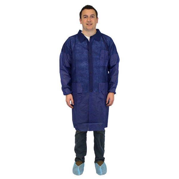 Safety Zone® PolyLite® Lab Coat w/ Pockets, Snap Front & Elastic Wrists, Navy Blue, 30/Case, Large (SZNM1734B-L-EW)