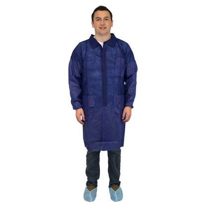 Safety Zone® PolyLite® Lab Coat w/ Pockets, Snap Front & Elastic Wrists, Navy Blue, 30/Case, Large (SZNM1734B-L-EW)