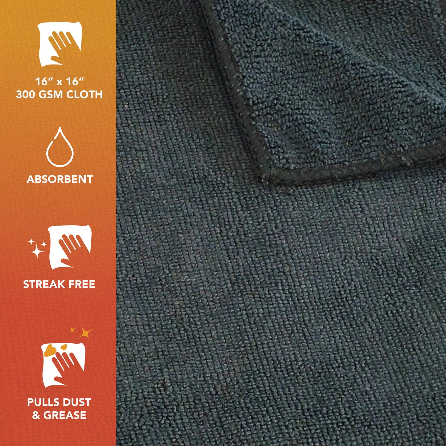 Hospeco® Microfiber Cloth 16x16 300 GSM Half-Fold Black, 12/Pack (HOSMFC3001616BK)