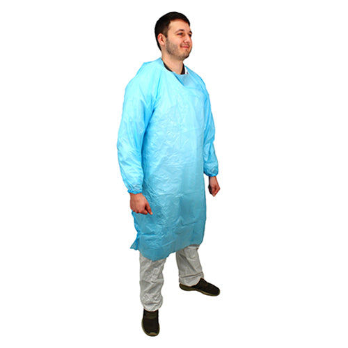 Safety Zone® ProGuard® CPE Isolation Gowns, Long Sleeves, Elastic Wrists, 1.75 Mil, Blue, 50/Bag, 2 Bags/Case, 45" Long (SZNMCPE-45B-EW)