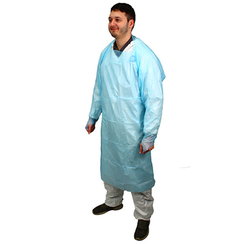 Safety Zone® ProGuard® CPE Isolation Gowns, Long Sleeves, Thumb Loops, 1.75 Mil, Blue, 25/Bag, 4 Bags/Case, 45" Long (SZNMCPE-45B)