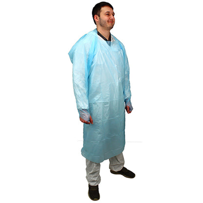 Safety Zone® ProGuard® CPE Isolation Gowns, Long Sleeves, Thumb Loops, 1.75 Mil, Blue, 25/Bag, 4 Bags/Case, 45" Long (SZNMCPE-45B)