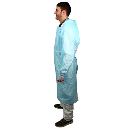 Safety Zone® ProGuard® CPE Isolation Gowns, Long Sleeves, Thumb Loops, 1.75 Mil, Blue, 25/Bag, 4 Bags/Case, 45" Long (SZNMCPE-45B)