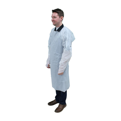 Safety Zone® ProGuard® CPE Isolation Gowns, Long Sleeves, Thumb Loops, 1.75 Mil, White, 25/Bag, 4 Bags/Case, 45" Long (SZNMCPE-45W)