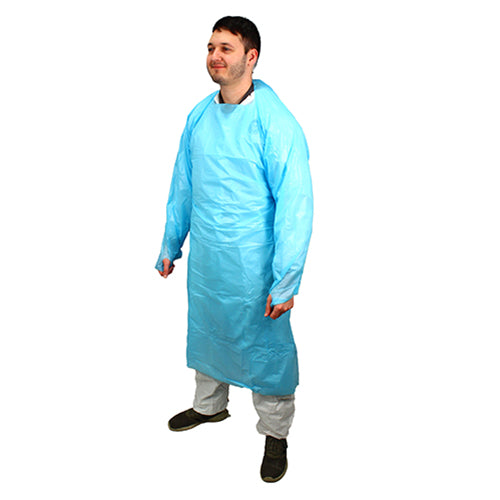 Safety Zone® ProGuard® CPE Isolation Gowns, Long Sleeves, Thumb Loops, 4 Mil, Blue, 10/Bag, 10 Bags/Case, 50" Long (SZNMCPE-50B-XL-4)