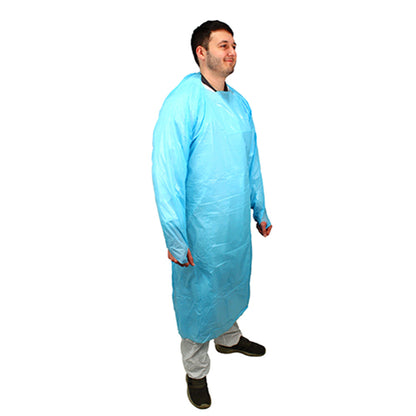 Safety Zone® ProGuard® CPE Isolation Gowns, Long Sleeves, Thumb Loops, 1.75 Mil, Blue, 25/Bag, 4 Bags/Case, 50" Long (SZNMCPE-50B)