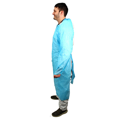 Safety Zone® ProGuard® CPE Isolation Gowns, Long Sleeves, Thumb Loops, 1.75 Mil, Blue, 25/Bag, 4 Bags/Case, 50" Long (SZNMCPE-50B)