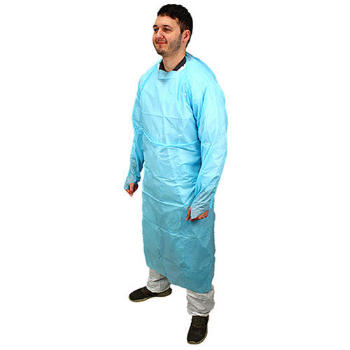 Safety Zone® ProGuard® CPE Isolation Gowns, Long Sleeves, Thumb Loops, 1.75 Mil, Blue, 25/Bag, 4 Bags/Case, 55" Long (SZNMCPE-55B)