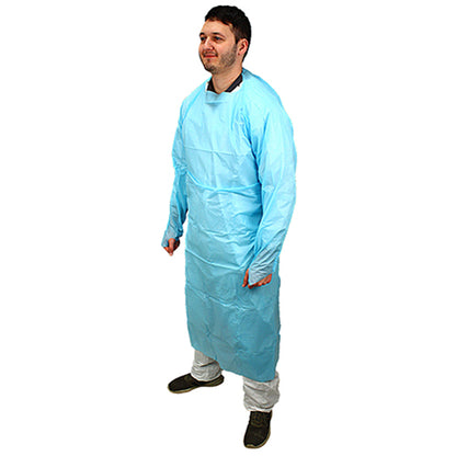 Safety Zone® ProGuard® CPE Isolation Gowns, Long Sleeves, Thumb Loops, 1.75 Mil, Blue, 25/Bag, 4 Bags/Case, 55" Long (SZNMCPE-55B)