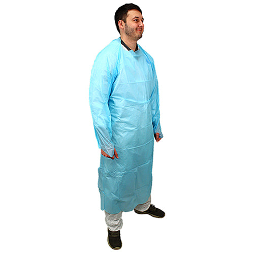Safety Zone® ProGuard® CPE Isolation Gowns, Long Sleeves, Thumb Loops, 1.75 Mil, Blue, 25/Bag, 4 Bags/Case, 55" Long (SZNMCPE-55B)