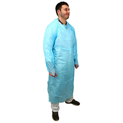 Safety Zone® ProGuard® CPE Isolation Gowns, Long Sleeves, Thumb Loops, 1.75 Mil, Blue, 25/Bag, 4 Bags/Case, 55" Long (SZNMCPE-55B)