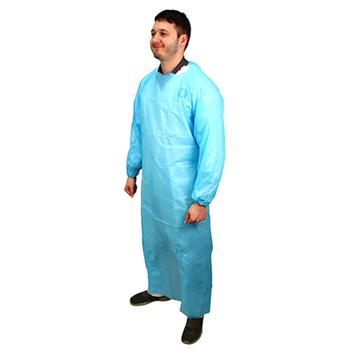 Safety Zone® ProGuard® CPE Isolation Gowns, Long Sleeves, Elastic Wrists, 1.75 Mil, Blue, 50/Bag, 2 Bags/Case, 60" Long (SZNMCPE-60B)