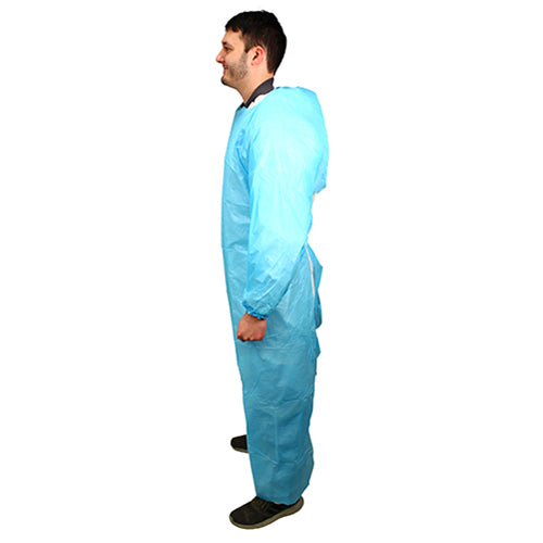 Safety Zone® ProGuard® CPE Isolation Gowns, Long Sleeves, Elastic Wrists, 1.75 Mil, Blue, 50/Bag, 2 Bags/Case, 60" Long (SZNMCPE-60B)