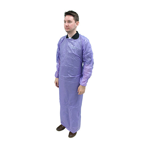 Safety Zone® ProGuard® CPE Isolation Gowns, Long Sleeves, Elastic Wrists, 1.75 Mil, Purple, 50/Bag, 2 Bags/Case, 60" Long (SZNMCPE-60P)