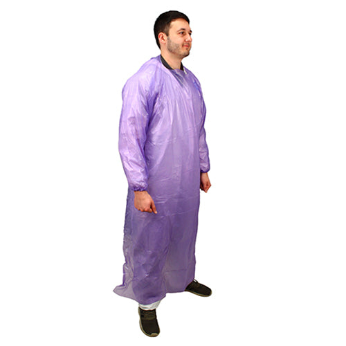 Safety Zone® ProGuard® CPE Isolation Gowns, Long Sleeves, Elastic Wrists, 1.75 Mil, Purple, 50/Bag, 2 Bags/Case, 60" Long (SZNMCPE-60P)