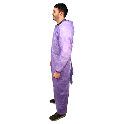 Safety Zone® ProGuard® CPE Isolation Gowns, Long Sleeves, Elastic Wrists, 1.75 Mil, Purple, 50/Bag, 2 Bags/Case, 60" Long (SZNMCPE-60P)