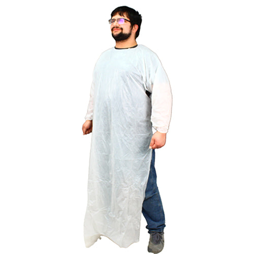 Safety Zone® ProGuard® CPE Isolation Gowns, Long Sleeves, Elastic Wrists, 1.75 Mil, White, 50/Bag, 2 Bags/Case, 60" Long (SZNMCPE-60W)